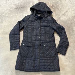 DKNY Jacket Womens Size Small Black Quilted Hooded Coat Mid‎ Length Lightweight